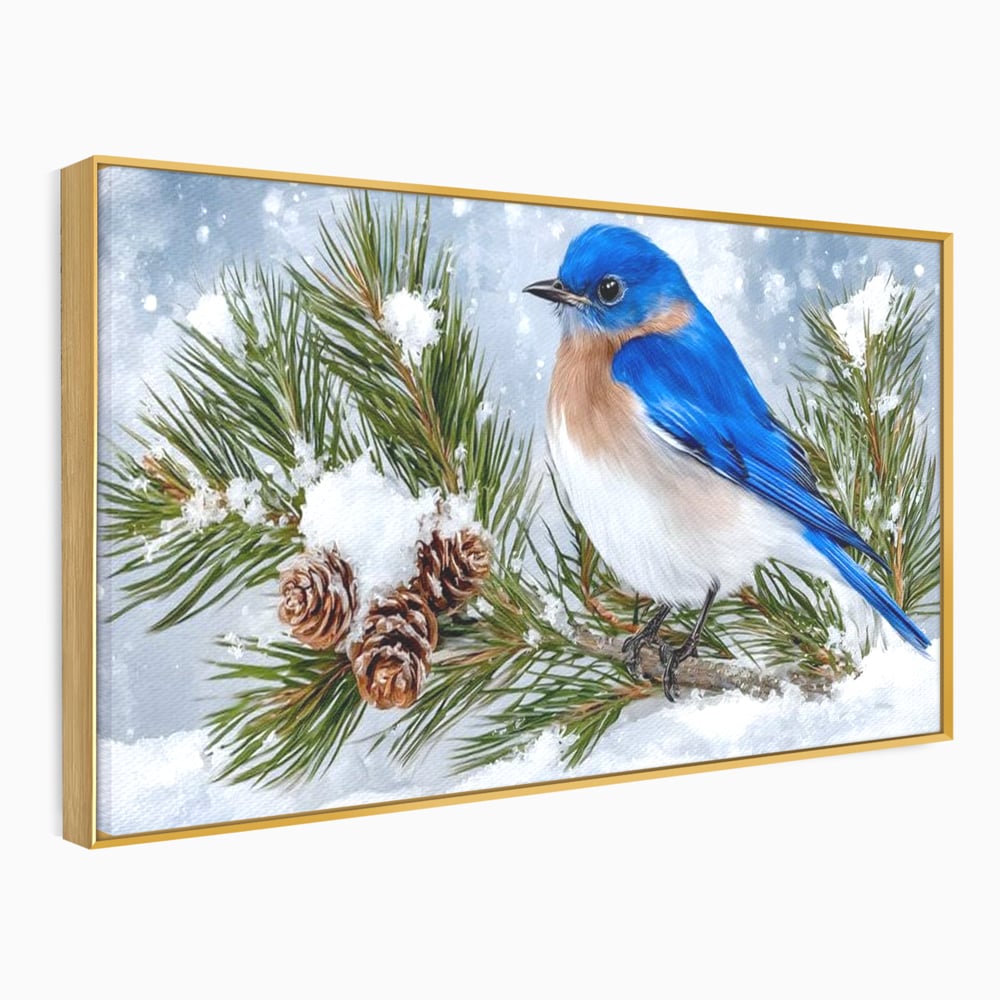 Leinwand Wandkunst Canvas Premium, LuxCanva® M1114, Wintergeflüster, Jahreszeit, Schnee, Frost, Schnee, Zapfen, Tannenbaum, Zweig, Winter, Vogel, Kobalt, Büro, Wohnen, Kinderzimmer