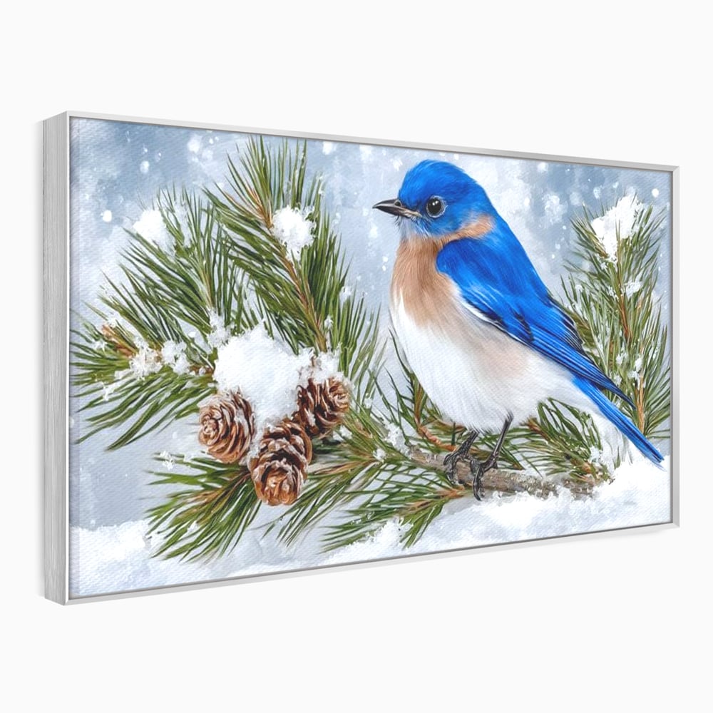 Leinwand Wandkunst Canvas Premium, LuxCanva® M1114, Wintergeflüster, Jahreszeit, Schnee, Frost, Schnee, Zapfen, Tannenbaum, Zweig, Winter, Vogel, Kobalt, Büro, Wohnen, Kinderzimmer