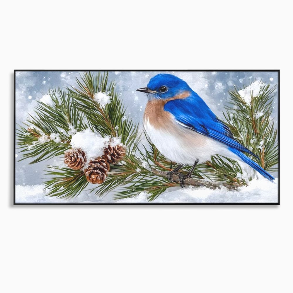 Leinwand Wandkunst Canvas Premium, LuxCanva® M1114, Wintergeflüster, Jahreszeit, Schnee, Frost, Schnee, Zapfen, Tannenbaum, Zweig, Winter, Vogel, Kobalt, Büro, Wohnen, Kinderzimmer