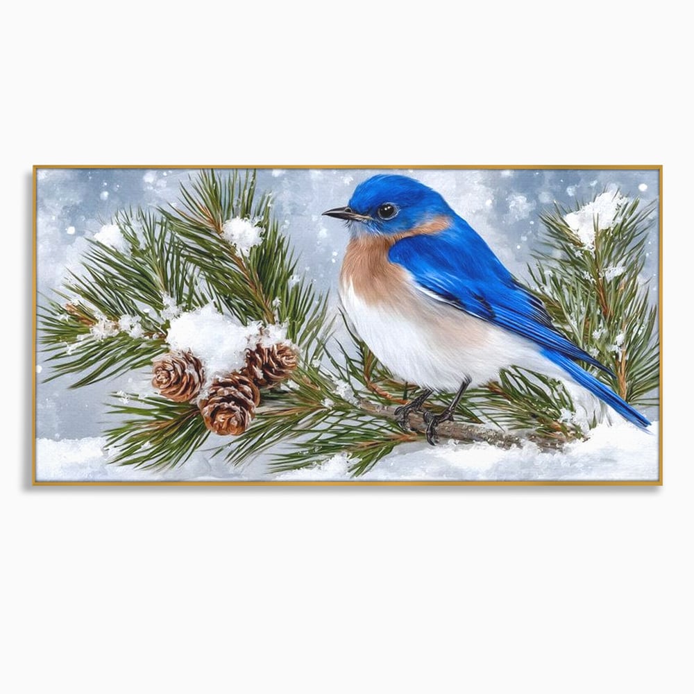 Leinwand Wandkunst Canvas Premium, LuxCanva® M1114, Wintergeflüster, Jahreszeit, Schnee, Frost, Schnee, Zapfen, Tannenbaum, Zweig, Winter, Vogel, Kobalt, Büro, Wohnen, Kinderzimmer