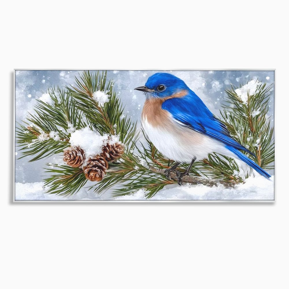 Leinwand Wandkunst Canvas Premium, LuxCanva® M1114, Wintergeflüster, Jahreszeit, Schnee, Frost, Schnee, Zapfen, Tannenbaum, Zweig, Winter, Vogel, Kobalt, Büro, Wohnen, Kinderzimmer