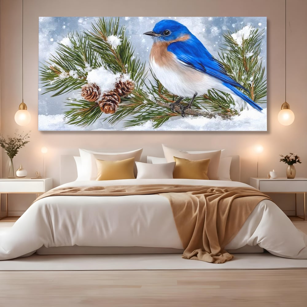 Leinwand Wandkunst Canvas Premium, LuxCanva® M1114, Wintergeflüster, Jahreszeit, Schnee, Frost, Schnee, Zapfen, Tannenbaum, Zweig, Winter, Vogel, Kobalt, Büro, Wohnen, Kinderzimmer