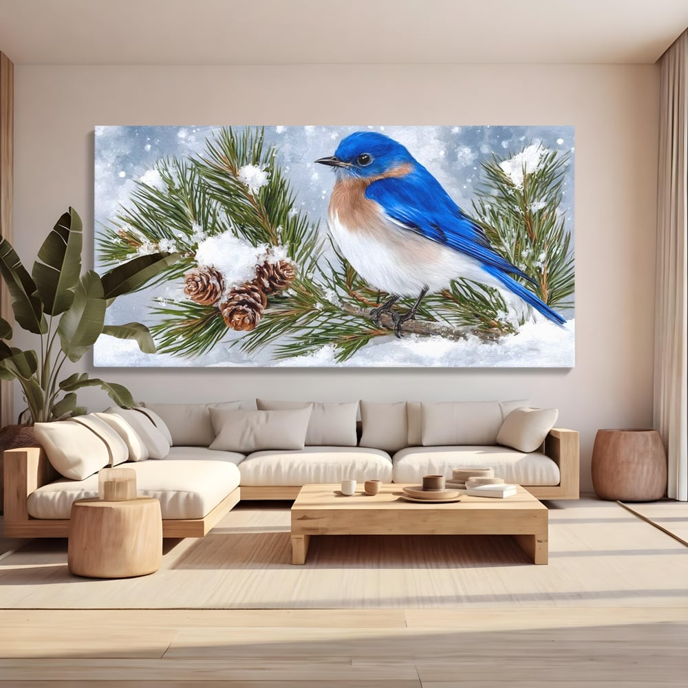 Leinwand Wandkunst Canvas Premium, LuxCanva® M1114, Wintergeflüster, Jahreszeit, Schnee, Frost, Schnee, Zapfen, Tannenbaum, Zweig, Winter, Vogel, Kobalt, Büro, Wohnen, Kinderzimmer