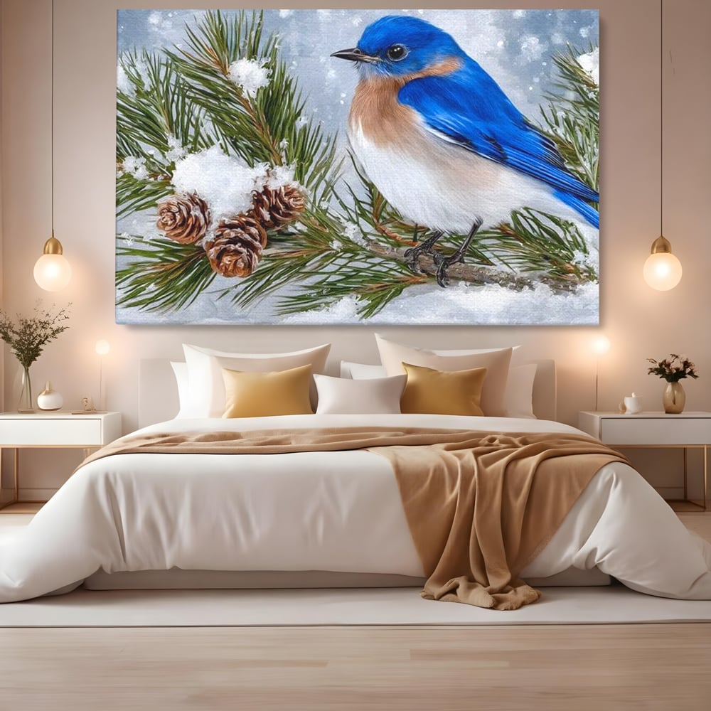Leinwand Wandkunst Canvas Premium, LuxCanva® M1114, Wintergeflüster, Jahreszeit, Schnee, Frost, Schnee, Zapfen, Tannenbaum, Zweig, Winter, Vogel, Kobalt, Büro, Wohnen, Kinderzimmer
