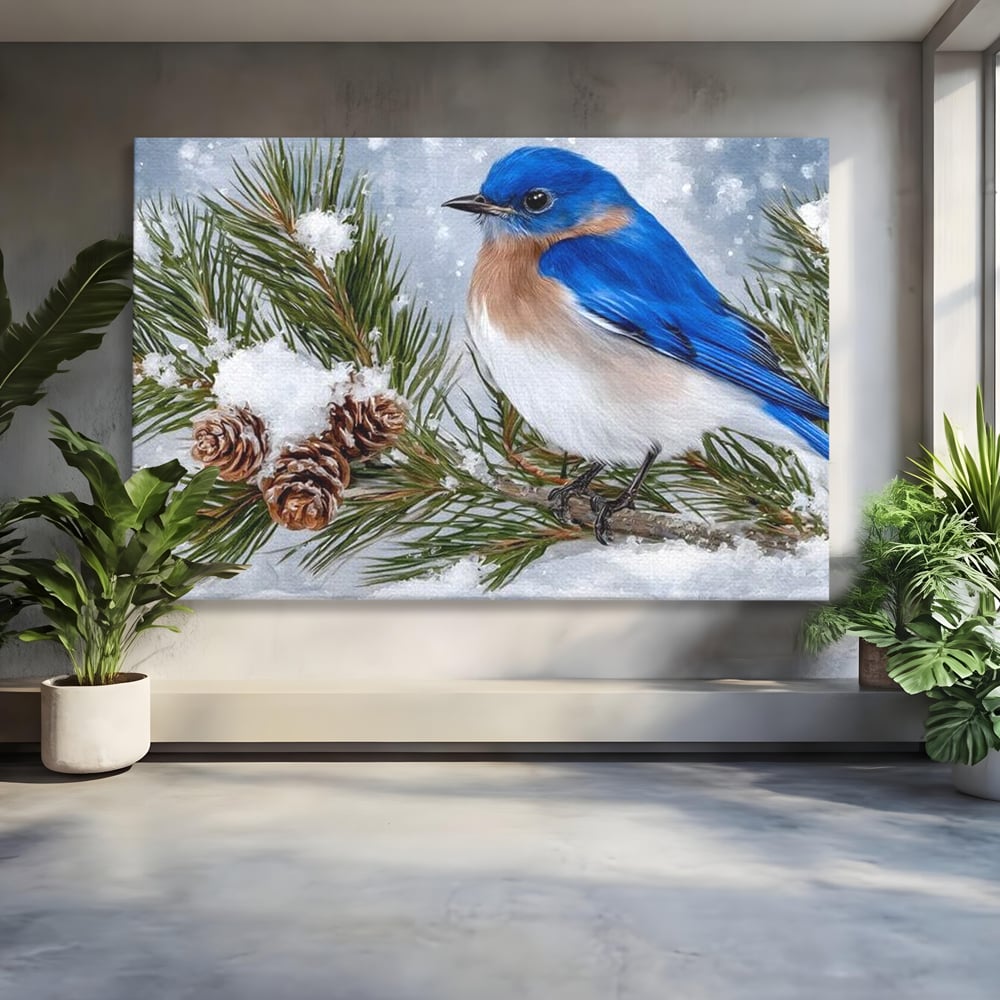 Leinwand Wandkunst Canvas Premium, LuxCanva® M1114, Wintergeflüster, Jahreszeit, Schnee, Frost, Schnee, Zapfen, Tannenbaum, Zweig, Winter, Vogel, Kobalt, Büro, Wohnen, Kinderzimmer