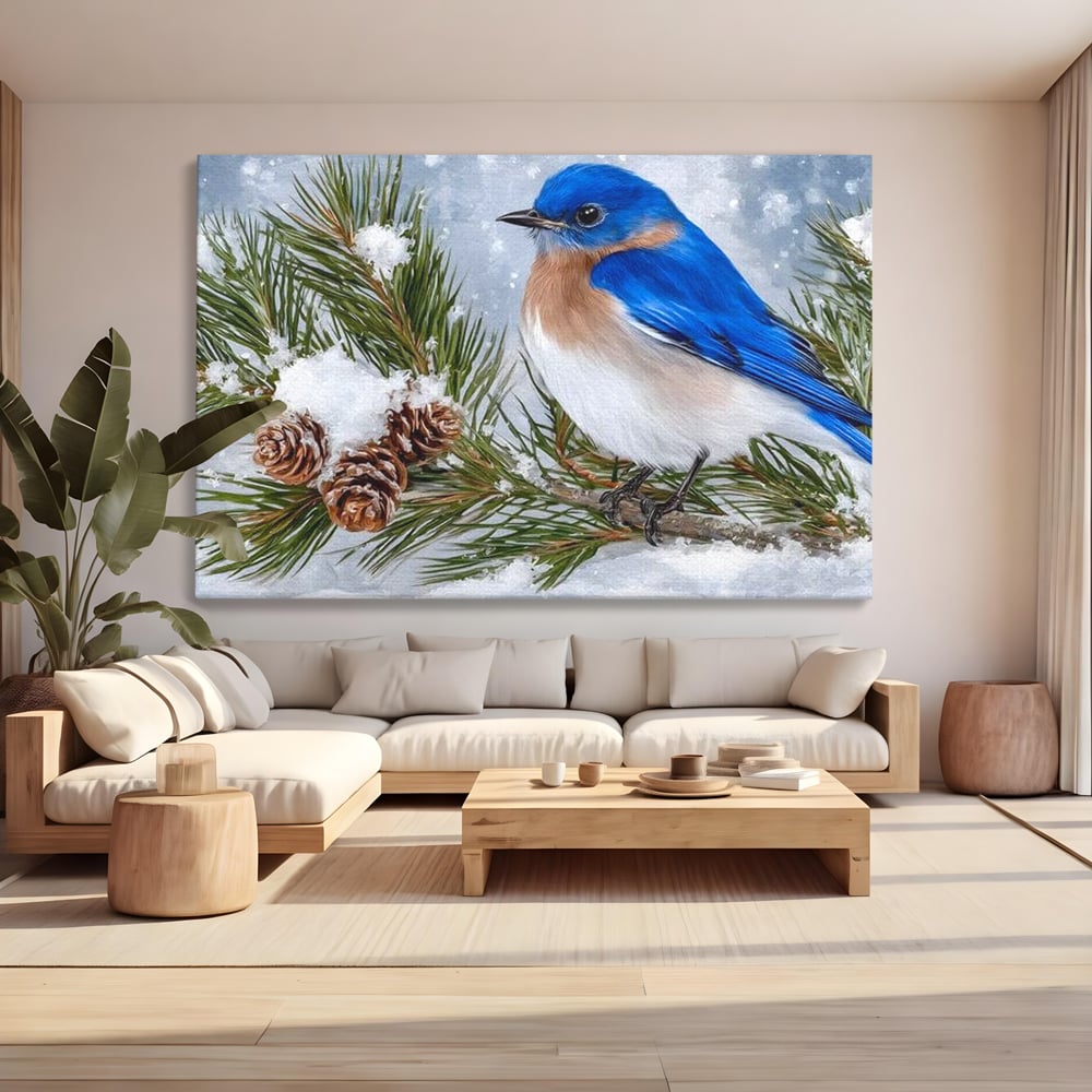 Leinwand Wandkunst Canvas Premium, LuxCanva® M1114, Wintergeflüster, Jahreszeit, Schnee, Frost, Schnee, Zapfen, Tannenbaum, Zweig, Winter, Vogel, Kobalt, Büro, Wohnen, Kinderzimmer