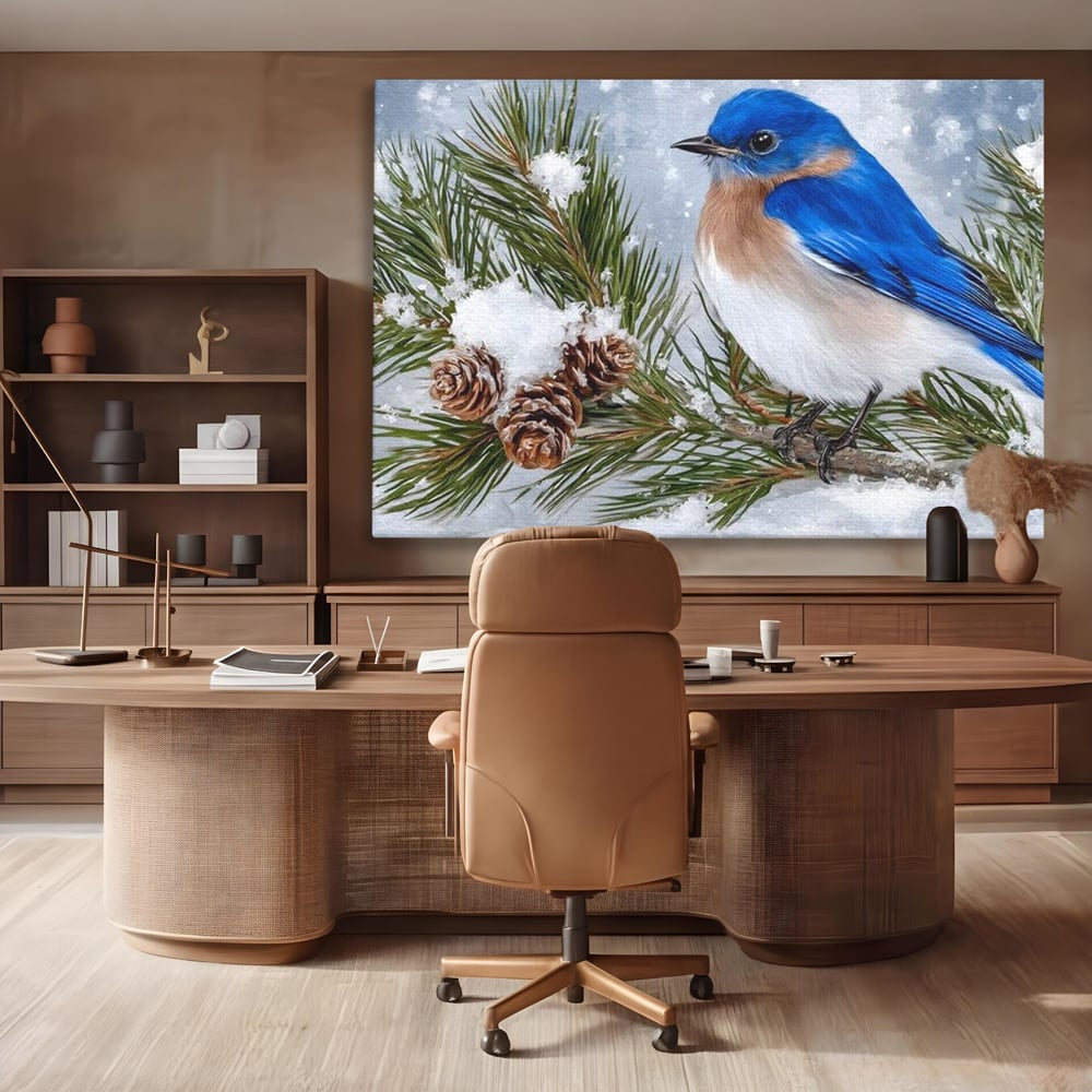 Leinwand Wandkunst Canvas Premium, LuxCanva® M1114, Wintergeflüster, Jahreszeit, Schnee, Frost, Schnee, Zapfen, Tannenbaum, Zweig, Winter, Vogel, Kobalt, Büro, Wohnen, Kinderzimmer