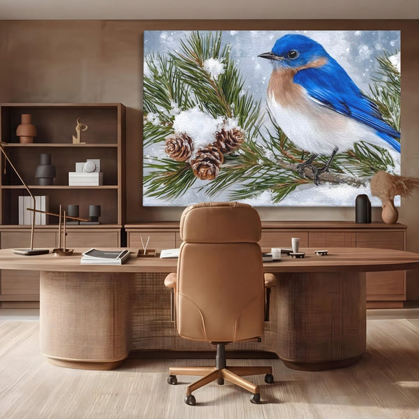 Leinwand Wandkunst Canvas Premium, LuxCanva® M1114, Wintergeflüster, Jahreszeit, Schnee, Frost, Schnee, Zapfen, Tannenbaum, Zweig, Winter, Vogel, Kobalt, Büro, Wohnen, Kinderzimmer