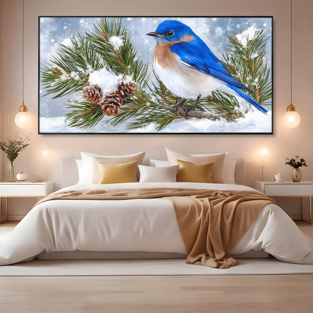 Leinwand Wandkunst Canvas Premium, LuxCanva® M1114, Wintergeflüster, Jahreszeit, Schnee, Frost, Schnee, Zapfen, Tannenbaum, Zweig, Winter, Vogel, Kobalt, Büro, Wohnen, Kinderzimmer