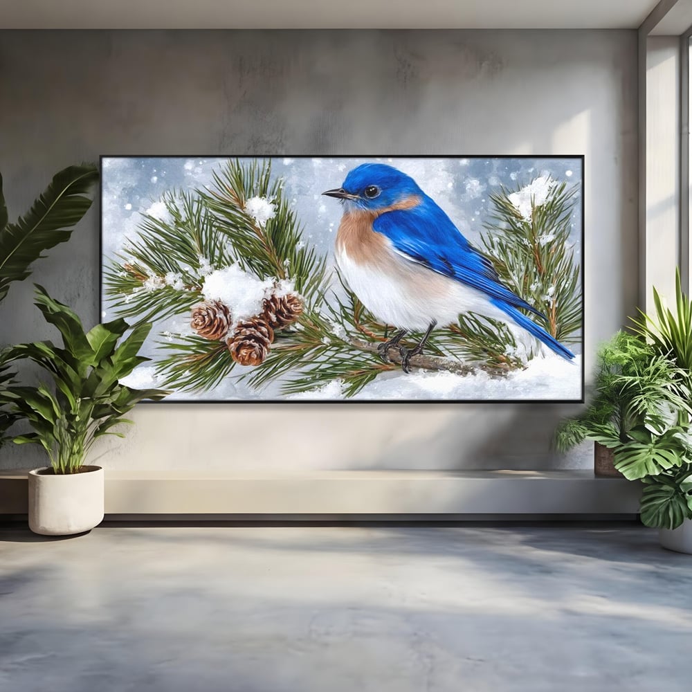 Leinwand Wandkunst Canvas Premium, LuxCanva® M1114, Wintergeflüster, Jahreszeit, Schnee, Frost, Schnee, Zapfen, Tannenbaum, Zweig, Winter, Vogel, Kobalt, Büro, Wohnen, Kinderzimmer