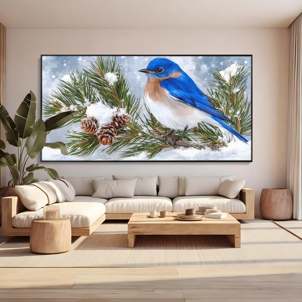 Leinwand Wandkunst Canvas Premium, LuxCanva® M1114, Wintergeflüster, Jahreszeit, Schnee, Frost, Schnee, Zapfen, Tannenbaum, Zweig, Winter, Vogel, Kobalt, Büro, Wohnen, Kinderzimmer