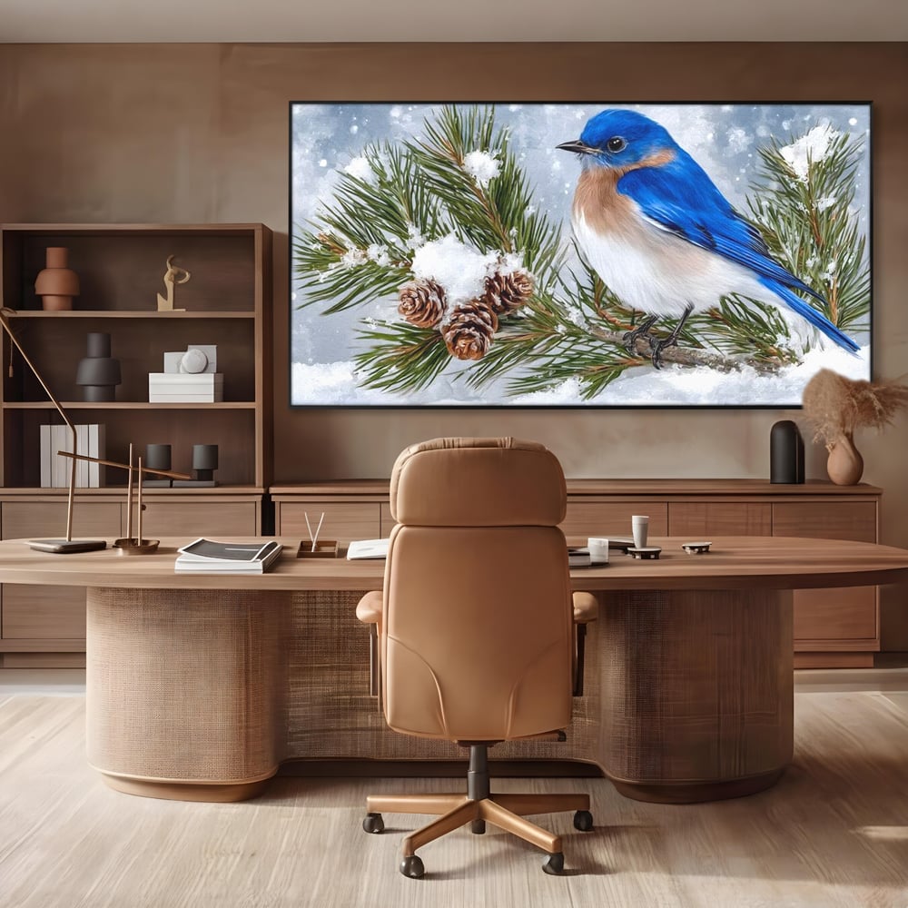 Leinwand Wandkunst Canvas Premium, LuxCanva® M1114, Wintergeflüster, Jahreszeit, Schnee, Frost, Schnee, Zapfen, Tannenbaum, Zweig, Winter, Vogel, Kobalt, Büro, Wohnen, Kinderzimmer