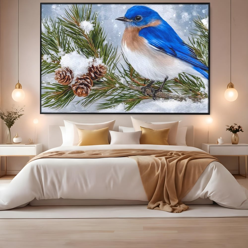 Leinwand Wandkunst Canvas Premium, LuxCanva® M1114, Wintergeflüster, Jahreszeit, Schnee, Frost, Schnee, Zapfen, Tannenbaum, Zweig, Winter, Vogel, Kobalt, Büro, Wohnen, Kinderzimmer