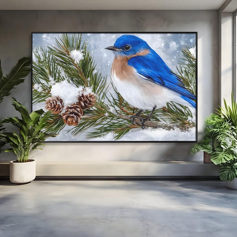 Leinwand Wandkunst Canvas Premium, LuxCanva® M1114, Wintergeflüster, Jahreszeit, Schnee, Frost, Schnee, Zapfen, Tannenbaum, Zweig, Winter, Vogel, Kobalt, Büro, Wohnen, Kinderzimmer