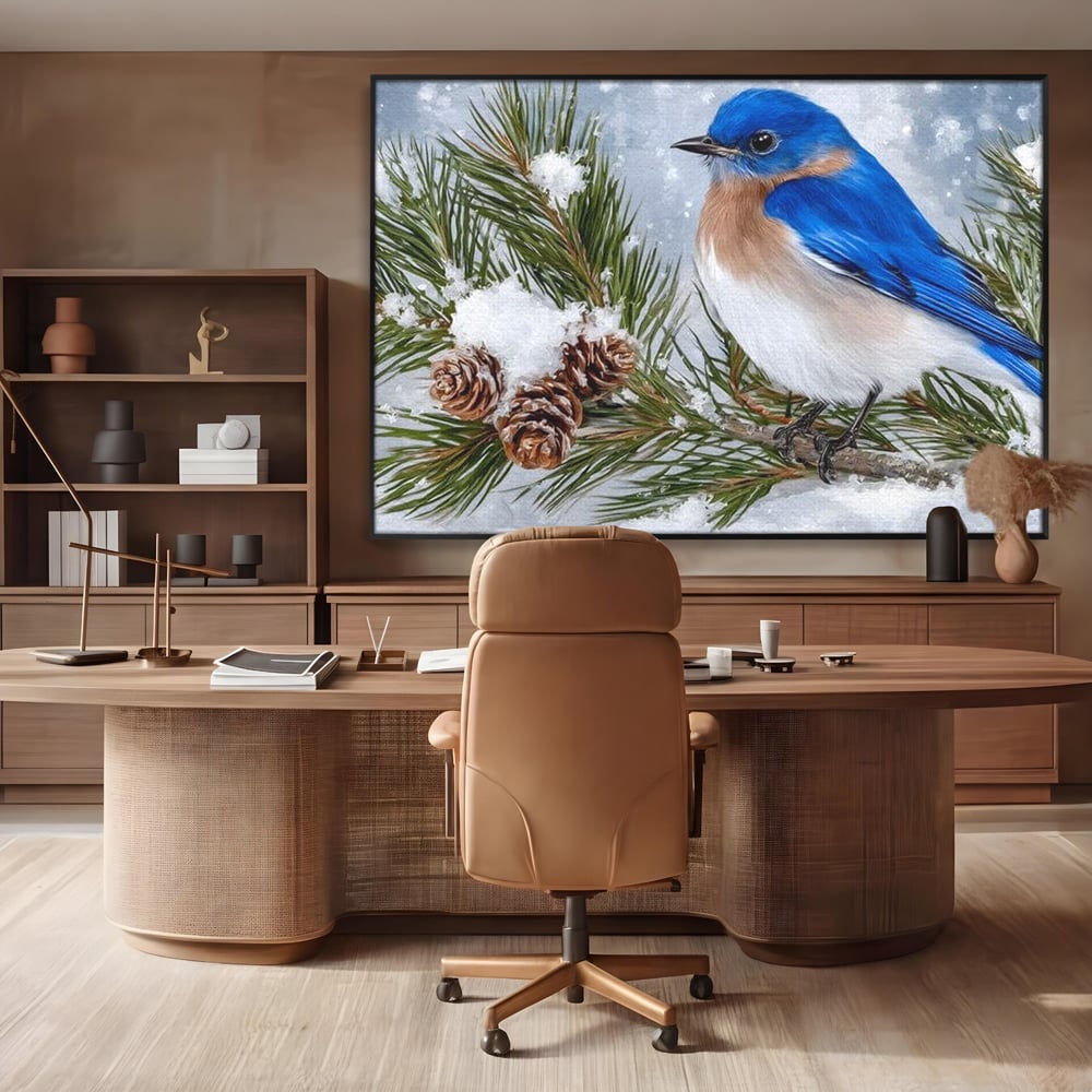 Leinwand Wandkunst Canvas Premium, LuxCanva® M1114, Wintergeflüster, Jahreszeit, Schnee, Frost, Schnee, Zapfen, Tannenbaum, Zweig, Winter, Vogel, Kobalt, Büro, Wohnen, Kinderzimmer