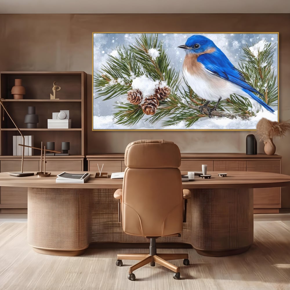 Leinwand Wandkunst Canvas Premium, LuxCanva® M1114, Wintergeflüster, Jahreszeit, Schnee, Frost, Schnee, Zapfen, Tannenbaum, Zweig, Winter, Vogel, Kobalt, Büro, Wohnen, Kinderzimmer