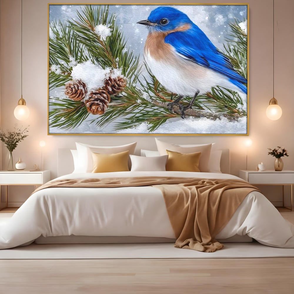 Leinwand Wandkunst Canvas Premium, LuxCanva® M1114, Wintergeflüster, Jahreszeit, Schnee, Frost, Schnee, Zapfen, Tannenbaum, Zweig, Winter, Vogel, Kobalt, Büro, Wohnen, Kinderzimmer