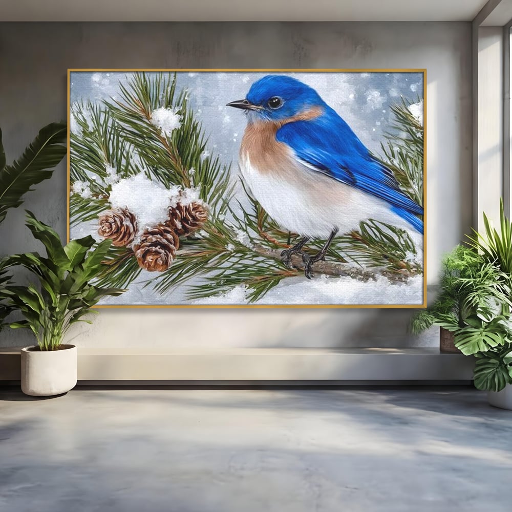 Leinwand Wandkunst Canvas Premium, LuxCanva® M1114, Wintergeflüster, Jahreszeit, Schnee, Frost, Schnee, Zapfen, Tannenbaum, Zweig, Winter, Vogel, Kobalt, Büro, Wohnen, Kinderzimmer