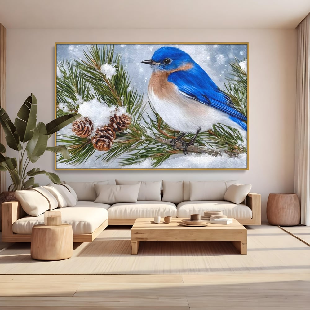 Leinwand Wandkunst Canvas Premium, LuxCanva® M1114, Wintergeflüster, Jahreszeit, Schnee, Frost, Schnee, Zapfen, Tannenbaum, Zweig, Winter, Vogel, Kobalt, Büro, Wohnen, Kinderzimmer