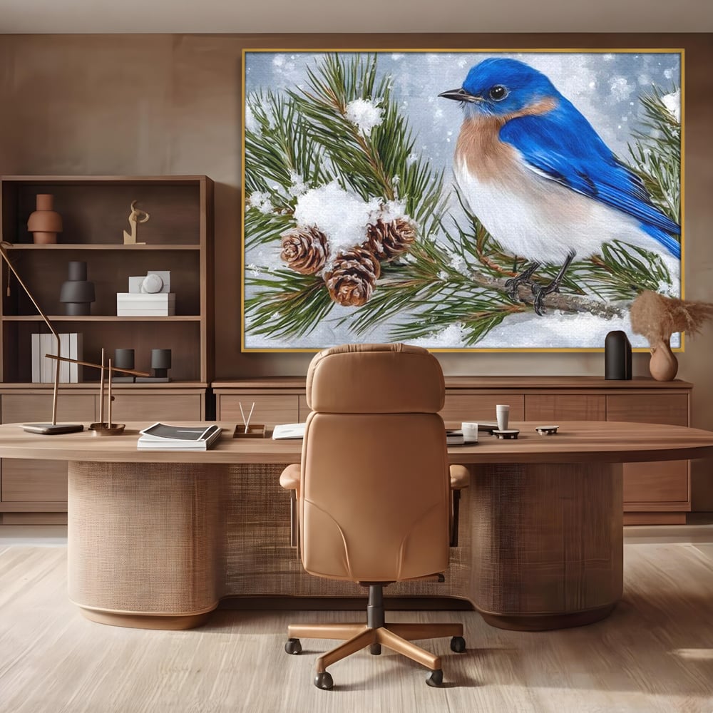 Leinwand Wandkunst Canvas Premium, LuxCanva® M1114, Wintergeflüster, Jahreszeit, Schnee, Frost, Schnee, Zapfen, Tannenbaum, Zweig, Winter, Vogel, Kobalt, Büro, Wohnen, Kinderzimmer