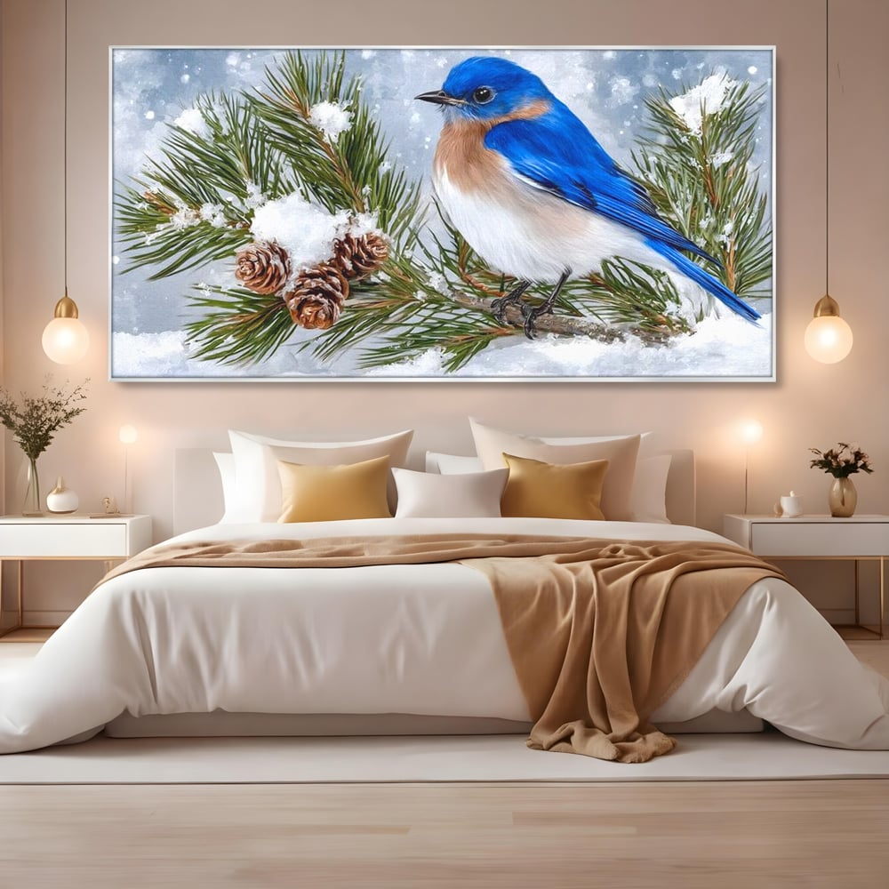 Leinwand Wandkunst Canvas Premium, LuxCanva® M1114, Wintergeflüster, Jahreszeit, Schnee, Frost, Schnee, Zapfen, Tannenbaum, Zweig, Winter, Vogel, Kobalt, Büro, Wohnen, Kinderzimmer