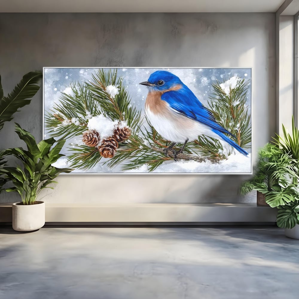 Leinwand Wandkunst Canvas Premium, LuxCanva® M1114, Wintergeflüster, Jahreszeit, Schnee, Frost, Schnee, Zapfen, Tannenbaum, Zweig, Winter, Vogel, Kobalt, Büro, Wohnen, Kinderzimmer