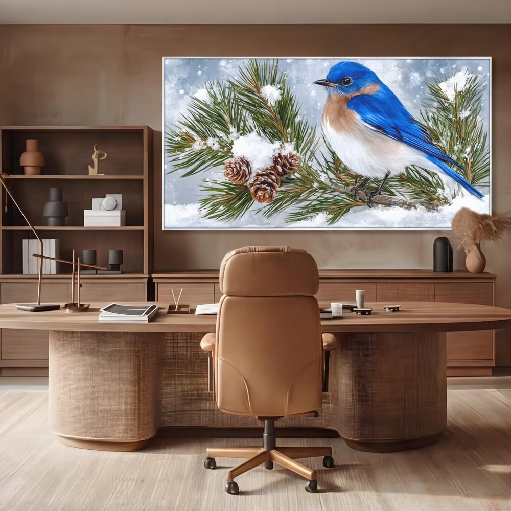 Leinwand Wandkunst Canvas Premium, LuxCanva® M1114, Wintergeflüster, Jahreszeit, Schnee, Frost, Schnee, Zapfen, Tannenbaum, Zweig, Winter, Vogel, Kobalt, Büro, Wohnen, Kinderzimmer