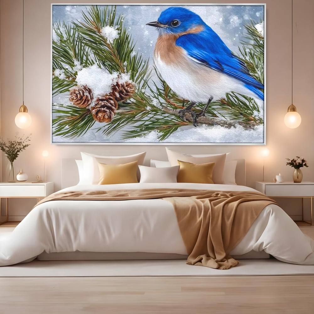 Leinwand Wandkunst Canvas Premium, LuxCanva® M1114, Wintergeflüster, Jahreszeit, Schnee, Frost, Schnee, Zapfen, Tannenbaum, Zweig, Winter, Vogel, Kobalt, Büro, Wohnen, Kinderzimmer