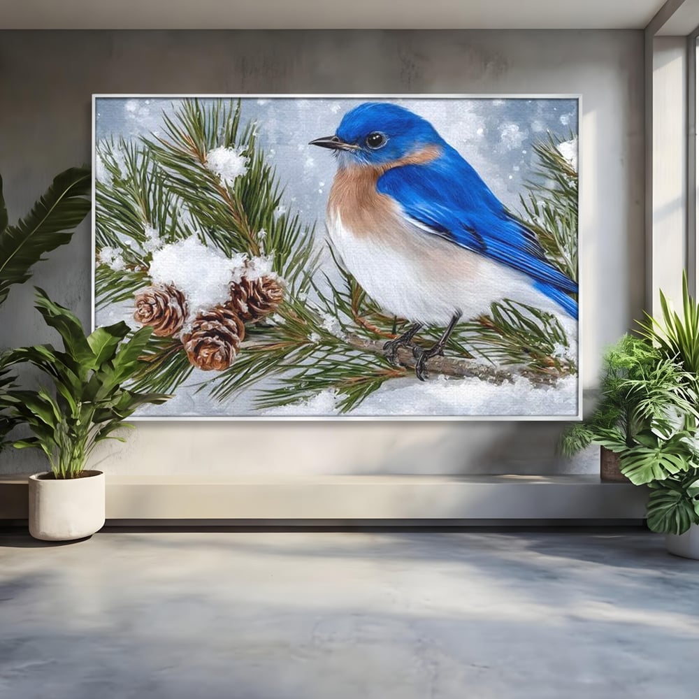Leinwand Wandkunst Canvas Premium, LuxCanva® M1114, Wintergeflüster, Jahreszeit, Schnee, Frost, Schnee, Zapfen, Tannenbaum, Zweig, Winter, Vogel, Kobalt, Büro, Wohnen, Kinderzimmer