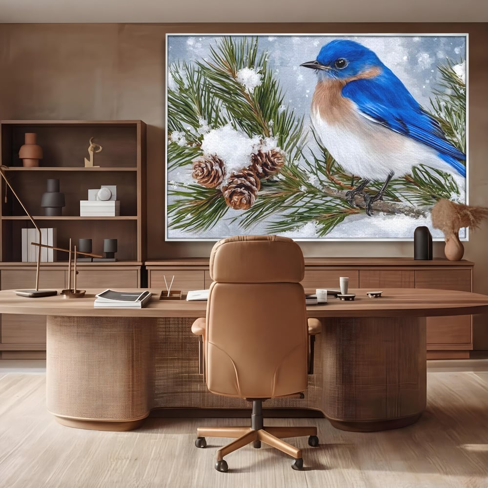 Leinwand Wandkunst Canvas Premium, LuxCanva® M1114, Wintergeflüster, Jahreszeit, Schnee, Frost, Schnee, Zapfen, Tannenbaum, Zweig, Winter, Vogel, Kobalt, Büro, Wohnen, Kinderzimmer