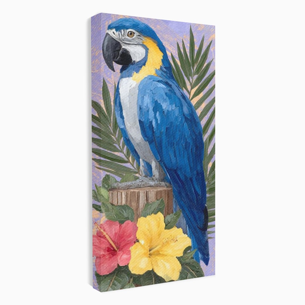 Tablou Canvas Premium, LuxCanva® M1115, Evadare in Tropice, Pastel, Papagal, Exotic, Jungla, Frunzis, Vegetatie, Flori, Cald, Pictura, Acuarela, Birou, Living, Camera Copil