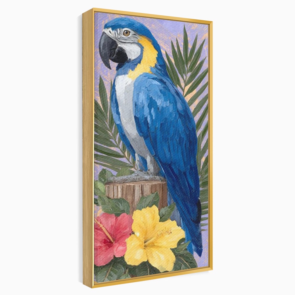 Tablou Canvas Premium, LuxCanva® M1115, Evadare in Tropice, Pastel, Papagal, Exotic, Jungla, Frunzis, Vegetatie, Flori, Cald, Pictura, Acuarela, Birou, Living, Camera Copil
