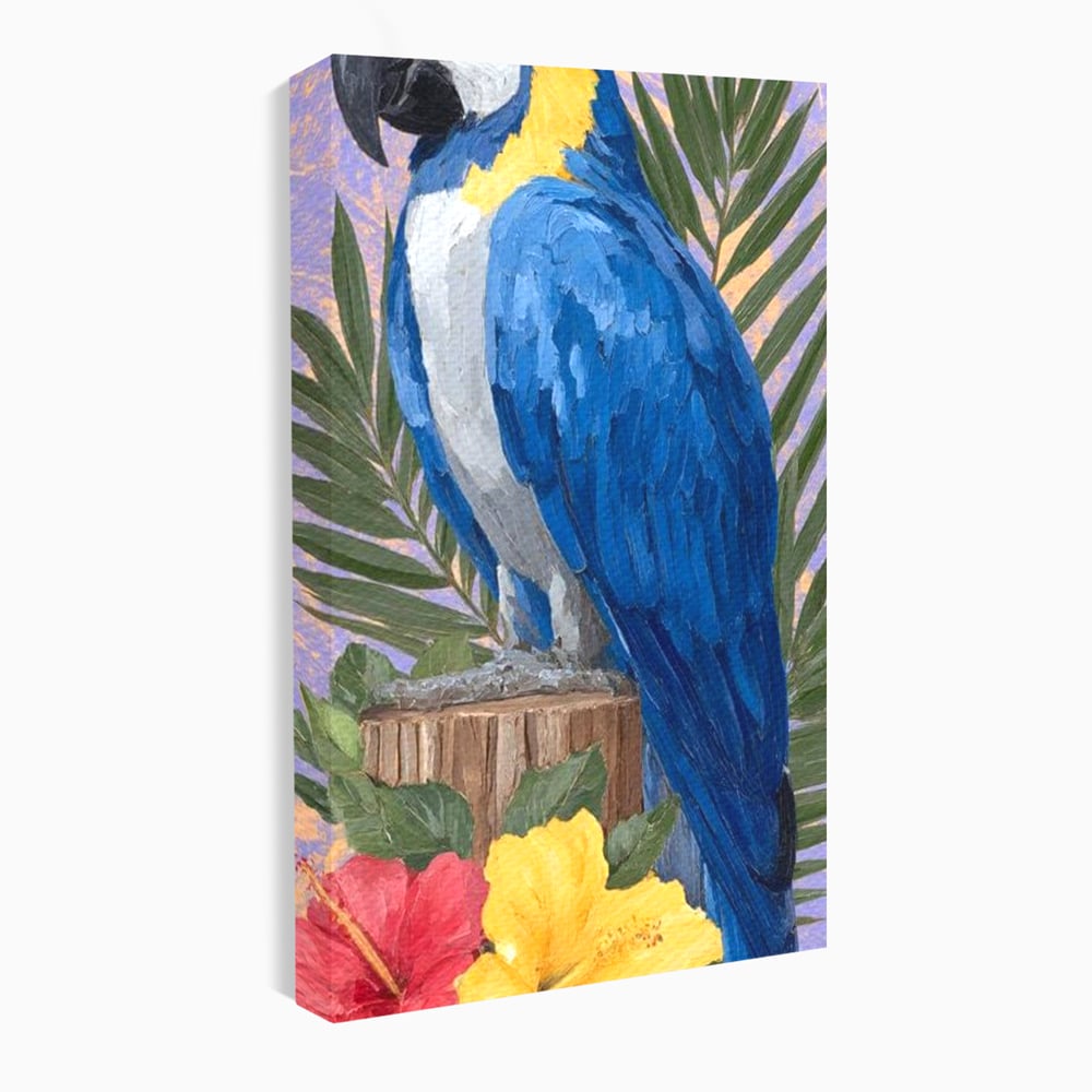 Tablou Canvas Premium, LuxCanva® M1115, Evadare in Tropice, Pastel, Papagal, Exotic, Jungla, Frunzis, Vegetatie, Flori, Cald, Pictura, Acuarela, Birou, Living, Camera Copil