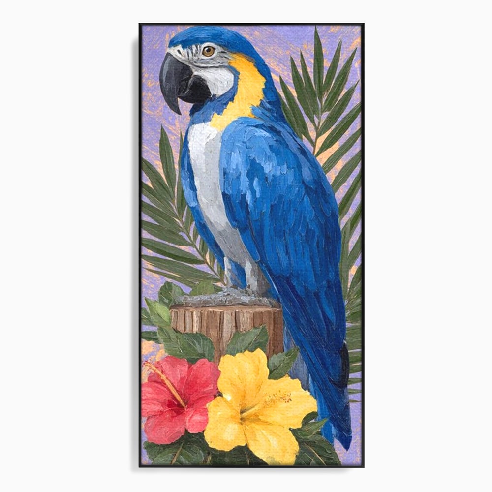 Tablou Canvas Premium, LuxCanva® M1115, Evadare in Tropice, Pastel, Papagal, Exotic, Jungla, Frunzis, Vegetatie, Flori, Cald, Pictura, Acuarela, Birou, Living, Camera Copil