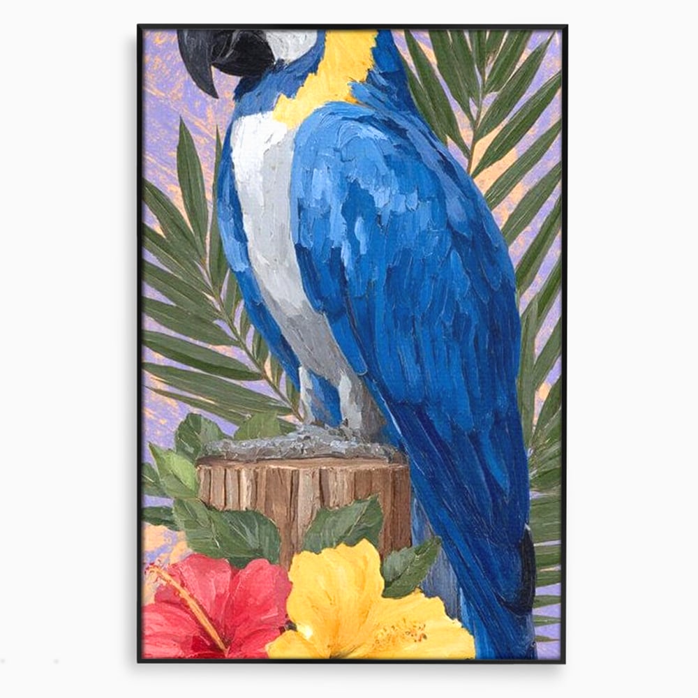 Tablou Canvas Premium, LuxCanva® M1115, Evadare in Tropice, Pastel, Papagal, Exotic, Jungla, Frunzis, Vegetatie, Flori, Cald, Pictura, Acuarela, Birou, Living, Camera Copil
