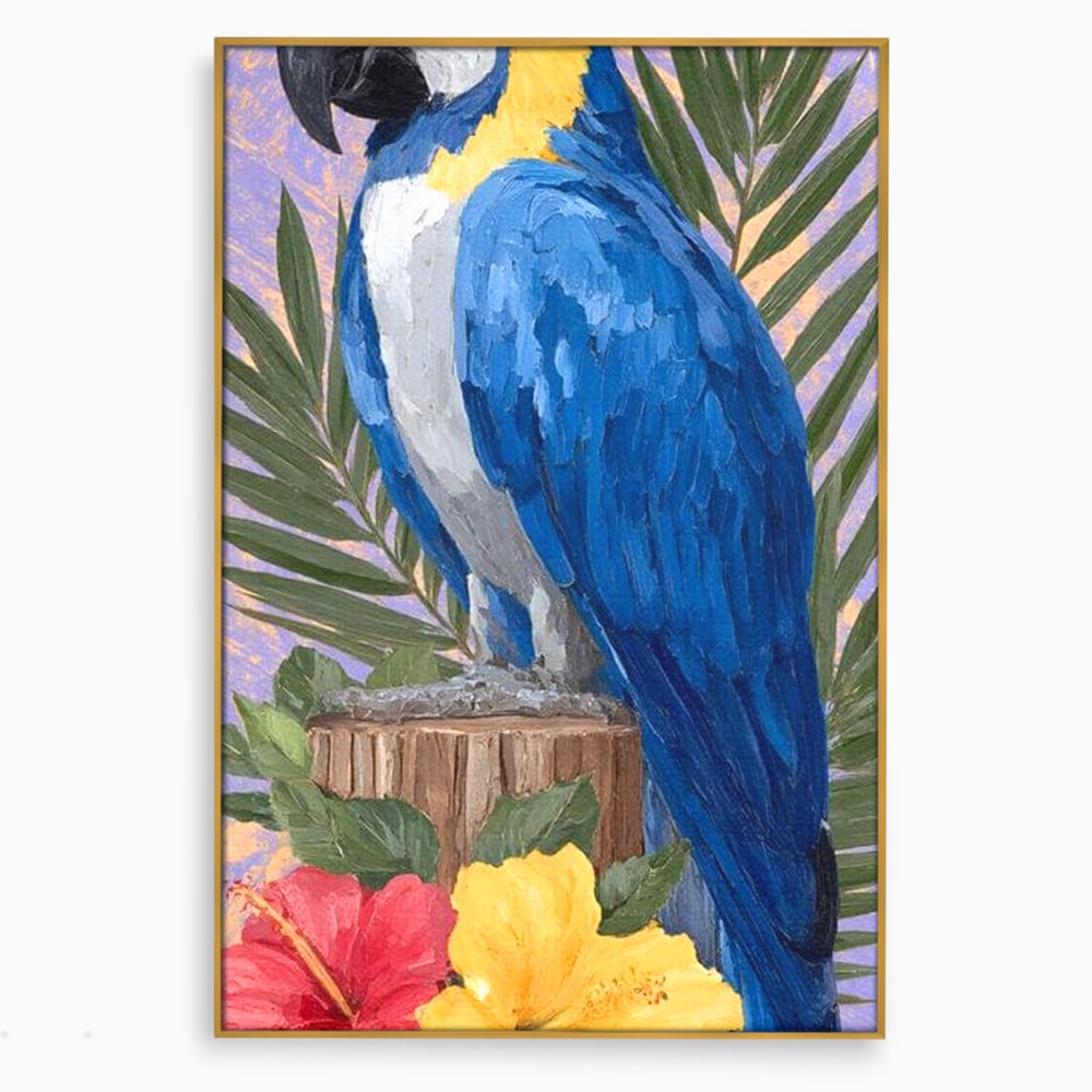 Tablou Canvas Premium, LuxCanva® M1115, Evadare in Tropice, Pastel, Papagal, Exotic, Jungla, Frunzis, Vegetatie, Flori, Cald, Pictura, Acuarela, Birou, Living, Camera Copil