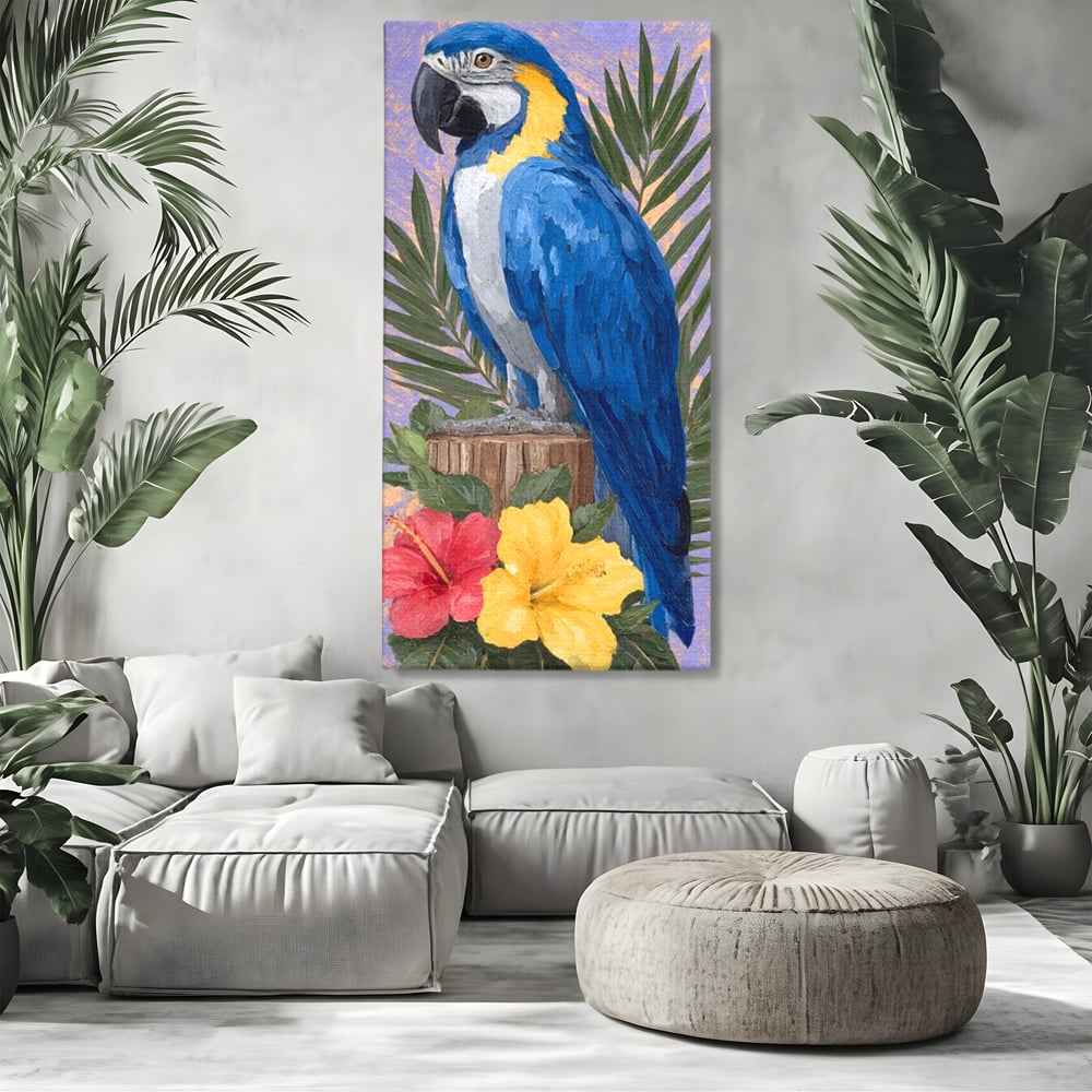 Tablou Canvas Premium, LuxCanva® M1115, Evadare in Tropice, Pastel, Papagal, Exotic, Jungla, Frunzis, Vegetatie, Flori, Cald, Pictura, Acuarela, Birou, Living, Camera Copil