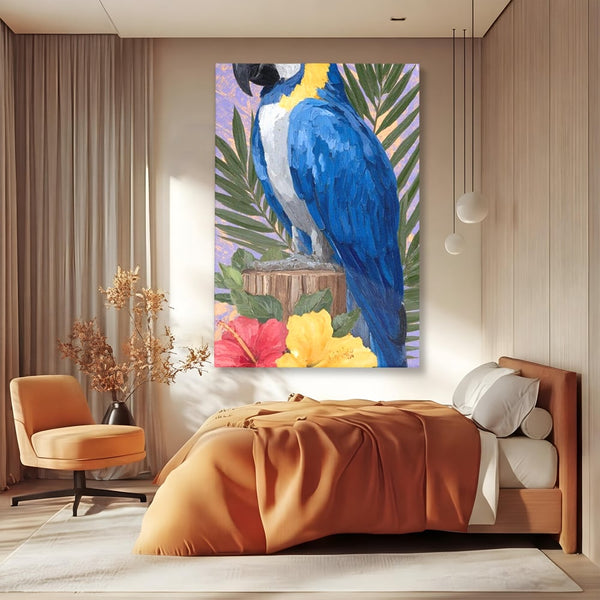 Tablou Canvas Premium, LuxCanva® M1115, Evadare in Tropice, Pastel, Papagal, Exotic, Jungla, Frunzis, Vegetatie, Flori, Cald, Pictura, Acuarela, Birou, Living, Camera Copil