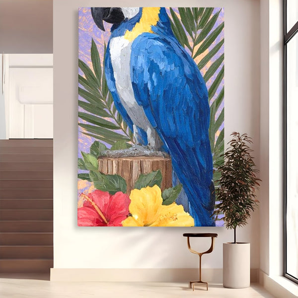 Tablou Canvas Premium, LuxCanva® M1115, Evadare in Tropice, Pastel, Papagal, Exotic, Jungla, Frunzis, Vegetatie, Flori, Cald, Pictura, Acuarela, Birou, Living, Camera Copil
