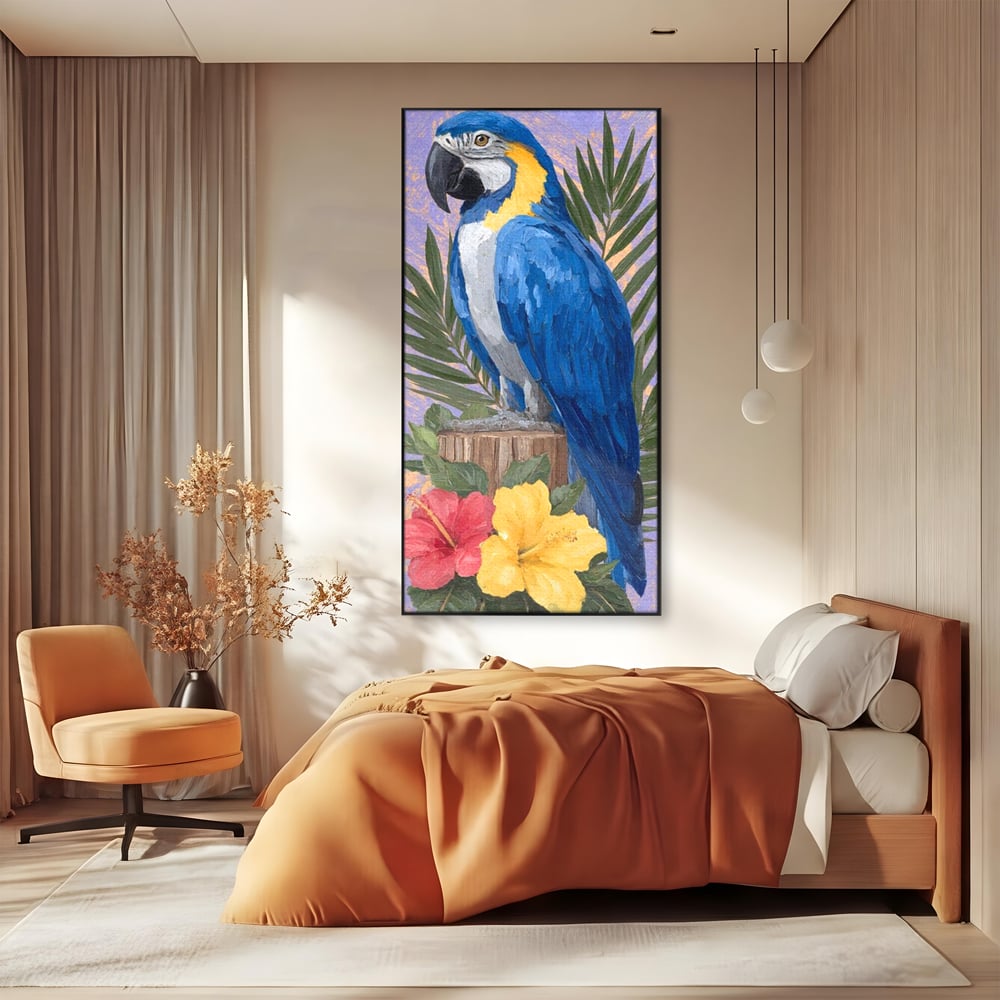 Tablou Canvas Premium, LuxCanva® M1115, Evadare in Tropice, Pastel, Papagal, Exotic, Jungla, Frunzis, Vegetatie, Flori, Cald, Pictura, Acuarela, Birou, Living, Camera Copil