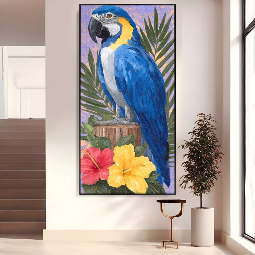 Tablou Canvas Premium, LuxCanva® M1115, Evadare in Tropice, Pastel, Papagal, Exotic, Jungla, Frunzis, Vegetatie, Flori, Cald, Pictura, Acuarela, Birou, Living, Camera Copil