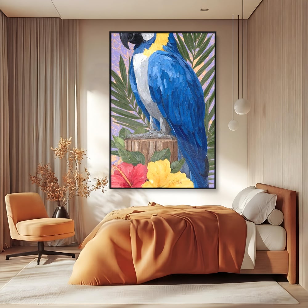 Tablou Canvas Premium, LuxCanva® M1115, Evadare in Tropice, Pastel, Papagal, Exotic, Jungla, Frunzis, Vegetatie, Flori, Cald, Pictura, Acuarela, Birou, Living, Camera Copil