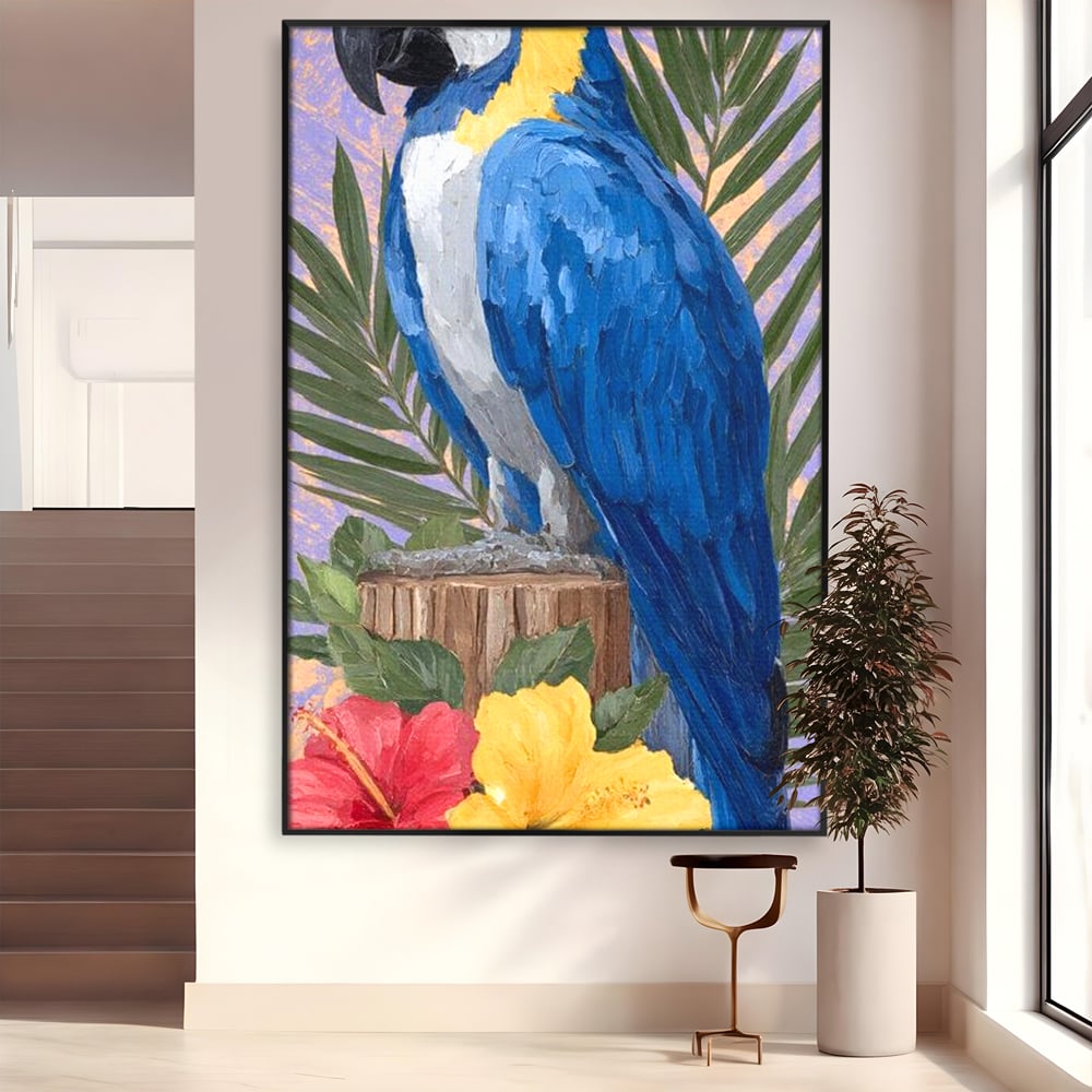 Tablou Canvas Premium, LuxCanva® M1115, Evadare in Tropice, Pastel, Papagal, Exotic, Jungla, Frunzis, Vegetatie, Flori, Cald, Pictura, Acuarela, Birou, Living, Camera Copil