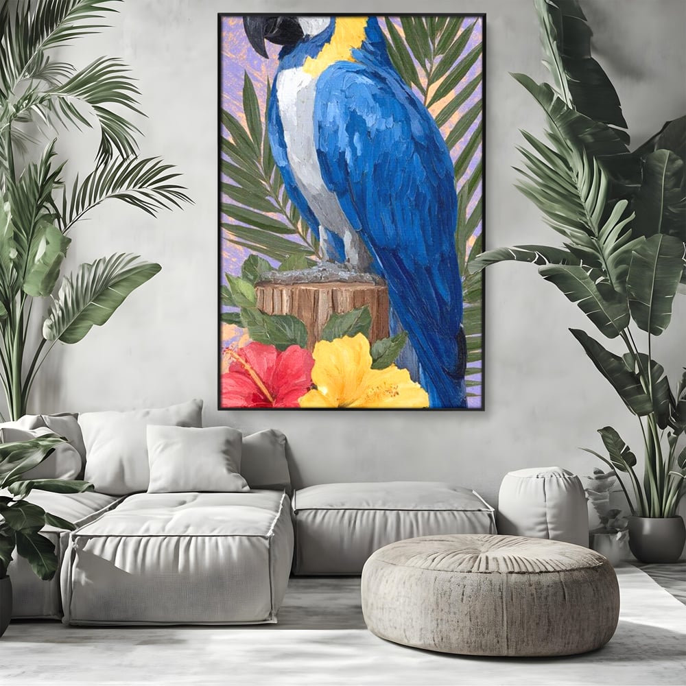 Tablou Canvas Premium, LuxCanva® M1115, Evadare in Tropice, Pastel, Papagal, Exotic, Jungla, Frunzis, Vegetatie, Flori, Cald, Pictura, Acuarela, Birou, Living, Camera Copil