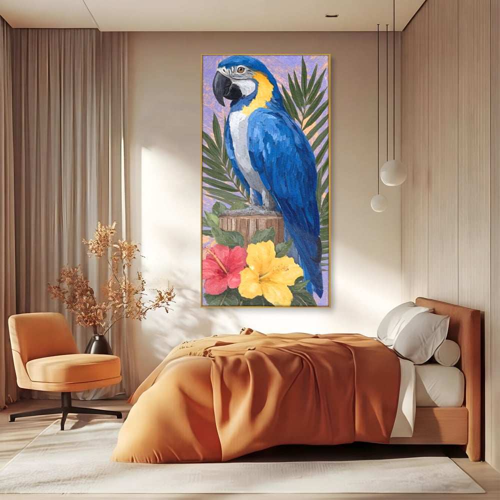 Tablou Canvas Premium, LuxCanva® M1115, Evadare in Tropice, Pastel, Papagal, Exotic, Jungla, Frunzis, Vegetatie, Flori, Cald, Pictura, Acuarela, Birou, Living, Camera Copil