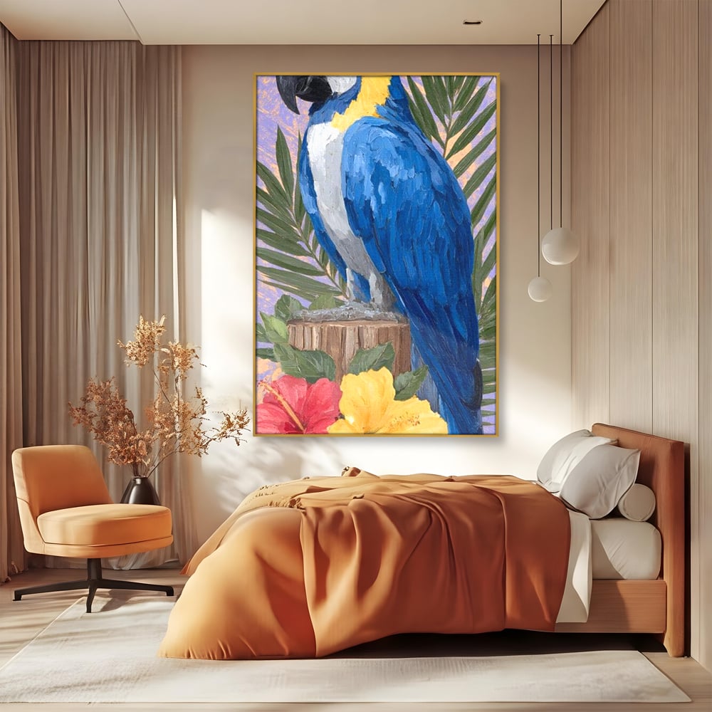 Tablou Canvas Premium, LuxCanva® M1115, Evadare in Tropice, Pastel, Papagal, Exotic, Jungla, Frunzis, Vegetatie, Flori, Cald, Pictura, Acuarela, Birou, Living, Camera Copil