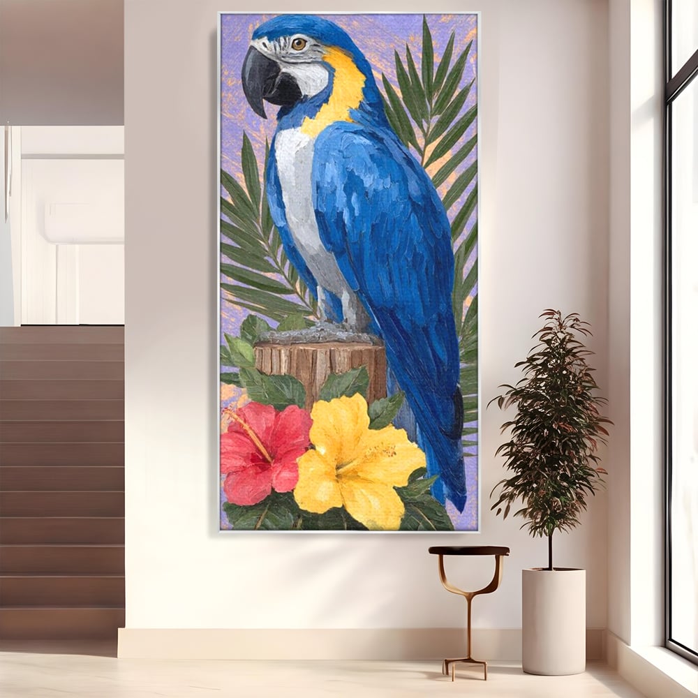 Tablou Canvas Premium, LuxCanva® M1115, Evadare in Tropice, Pastel, Papagal, Exotic, Jungla, Frunzis, Vegetatie, Flori, Cald, Pictura, Acuarela, Birou, Living, Camera Copil