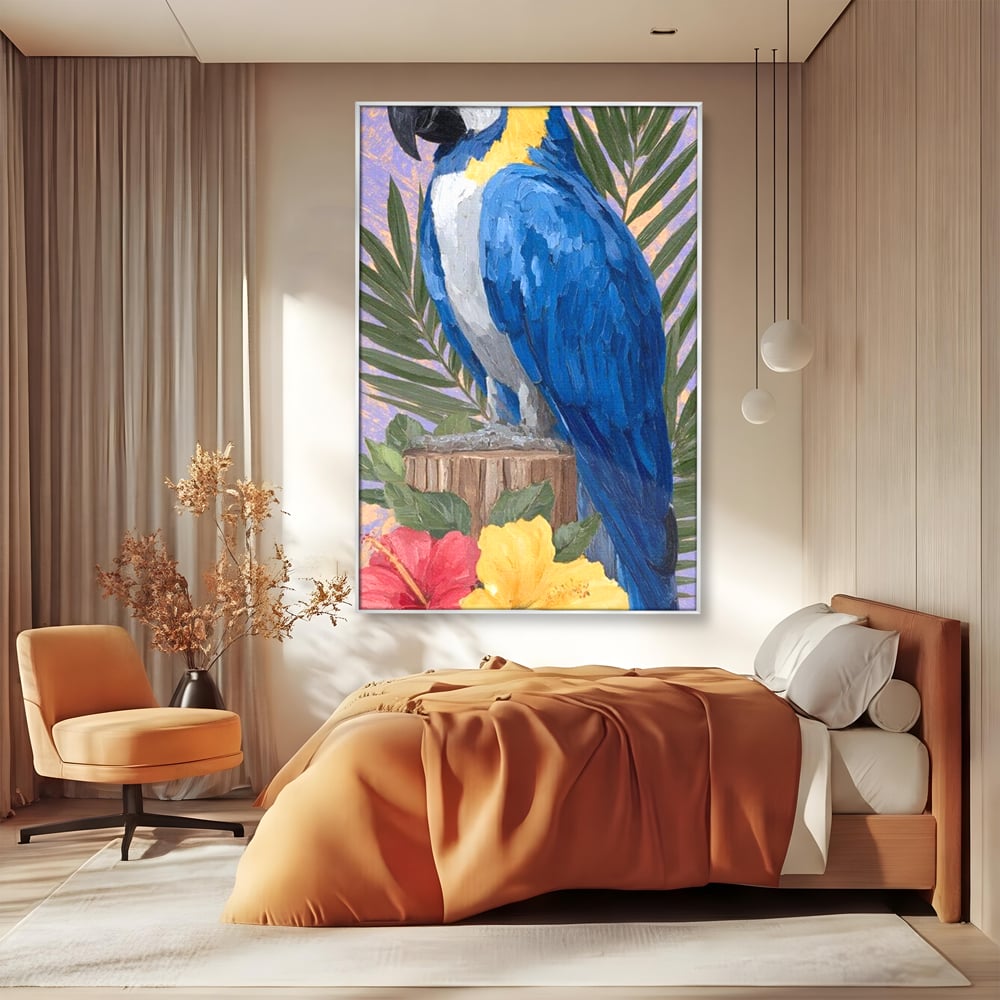 Tablou Canvas Premium, LuxCanva® M1115, Evadare in Tropice, Pastel, Papagal, Exotic, Jungla, Frunzis, Vegetatie, Flori, Cald, Pictura, Acuarela, Birou, Living, Camera Copil