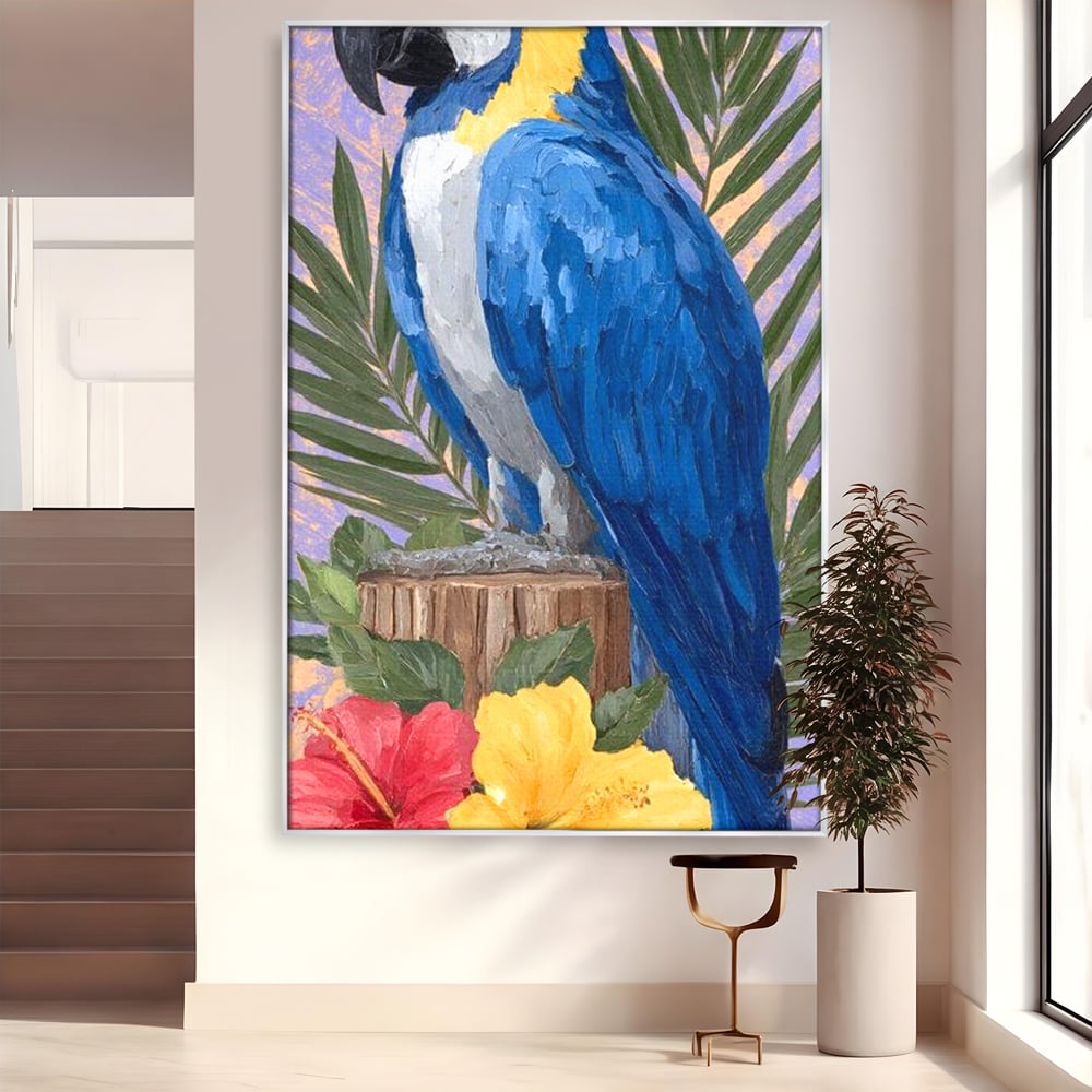 Tablou Canvas Premium, LuxCanva® M1115, Evadare in Tropice, Pastel, Papagal, Exotic, Jungla, Frunzis, Vegetatie, Flori, Cald, Pictura, Acuarela, Birou, Living, Camera Copil