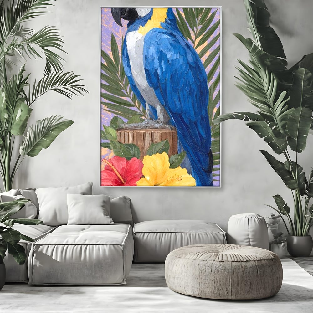 Tablou Canvas Premium, LuxCanva® M1115, Evadare in Tropice, Pastel, Papagal, Exotic, Jungla, Frunzis, Vegetatie, Flori, Cald, Pictura, Acuarela, Birou, Living, Camera Copil